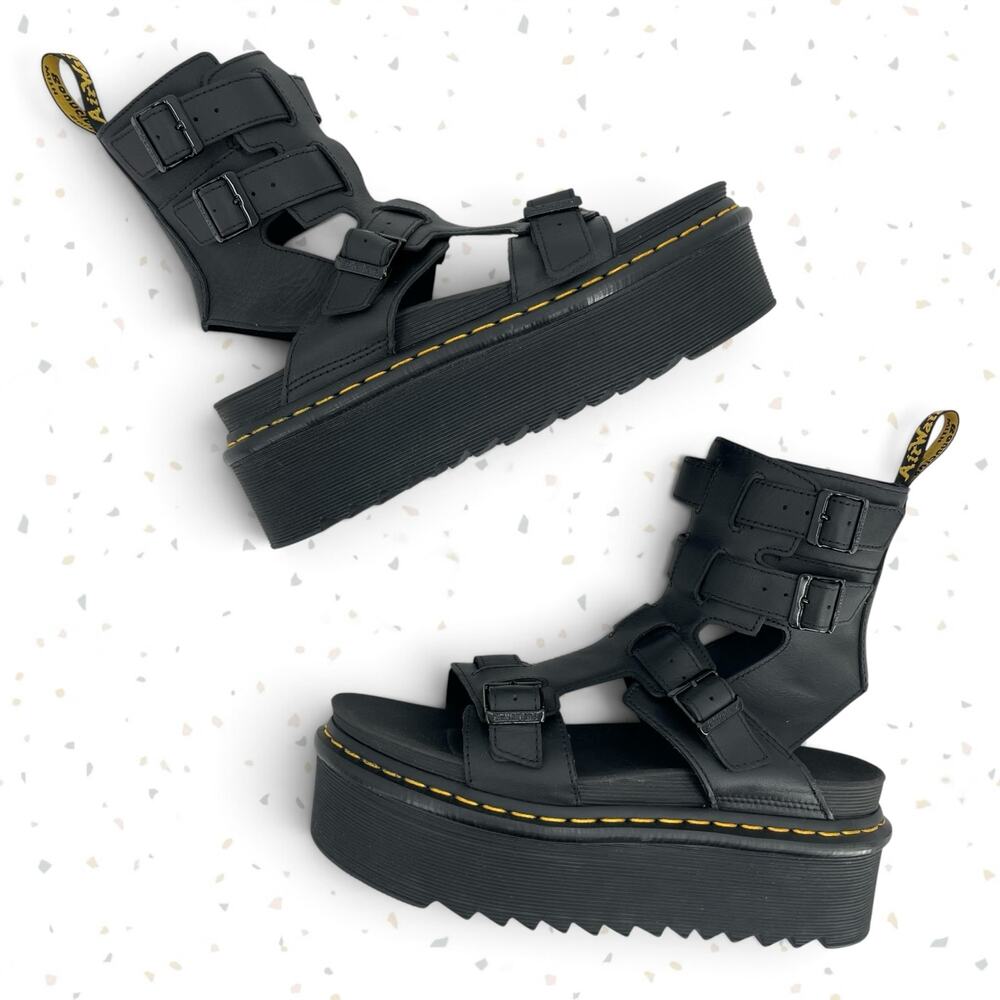 Dr. Martens Giavanna Black Leather Platform Sandals Buckles Gladiator Fit Size 9